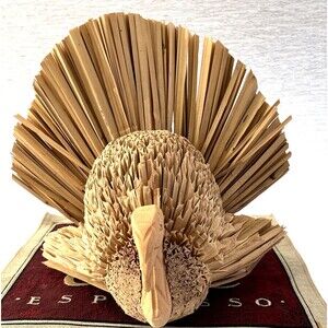 Turkey Autumn Harvest Corn Husk Wood Sculpted Folk Art Thanksgiving Decoration